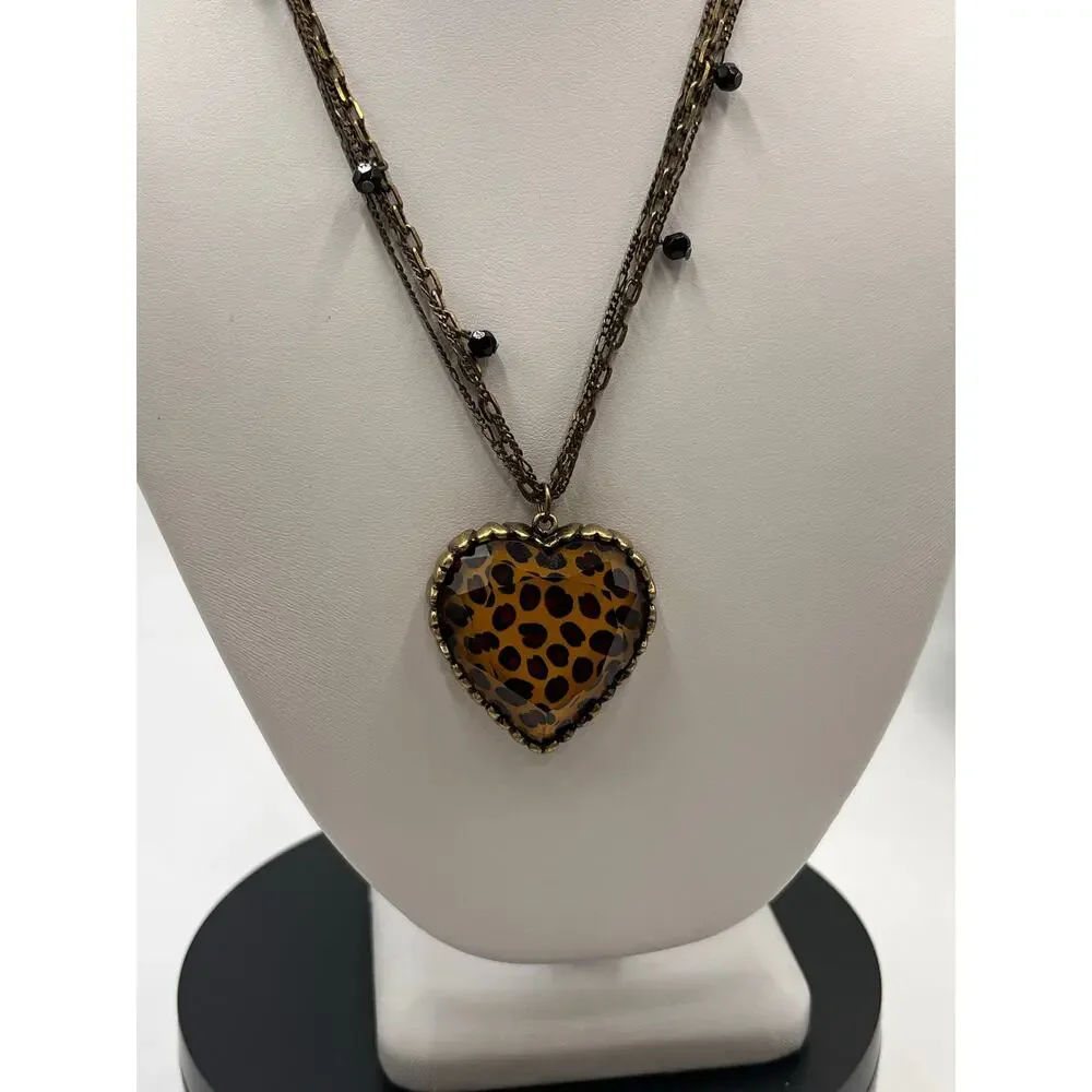 Betsey Johnson Vintage‎ MultiStrand Lucite Faceted Animal Print Heart Necklace